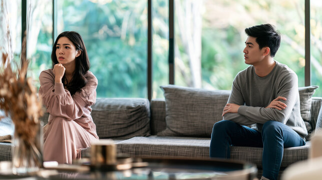 Young Asian husband and wife sitting apart after an argument, woman showing anger while the man reacts with frustration and avoids eye contact in their home interior, marriage prob