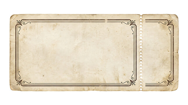 An isolated vintage blank ticket with decorative border edges on a dark background for creative design projects