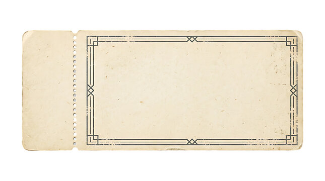 A high quality isolated vintage blank ticket with a decorative border on a plain textured paper background