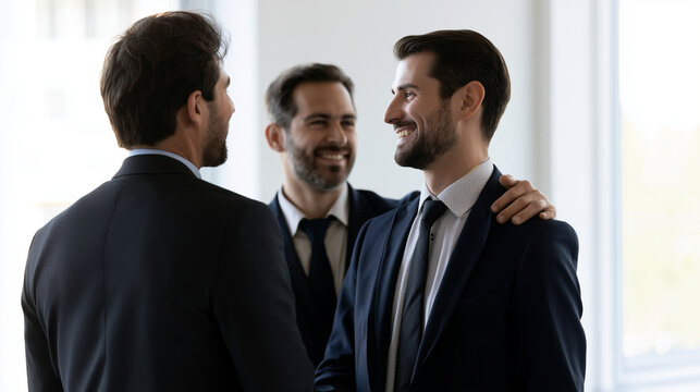 Two businessmen smiling and shaking hands in a bright office, one man in a dark suit placing a friendly hand on his colleague&acirc;s shoulder after reaching an agreement, business partn