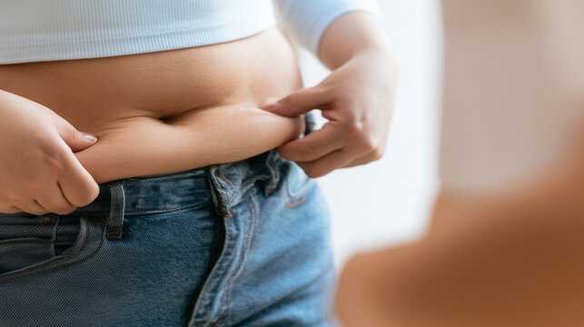 Close-up of female torso as a woman grips a visible fold of belly fat with both hands while wearing jeans, checking excess weight around her waist in a mirror, visceral fat, subcut