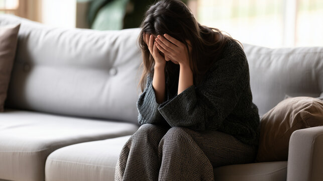 Anxious young woman sitting alone on a sofa at home with both hands covering her face, leaning forward in emotional distress and feeling overwhelmed, anxiety, mental health, emotio