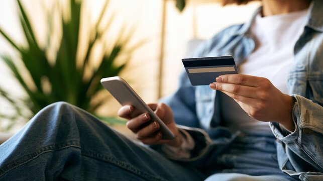 Young woman holding a credit card while using a smartphone for online shopping or mobile banking, close-up of hands during a digital payment transaction at home, online payment, cr