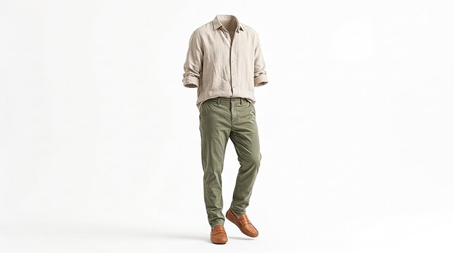 Men's casual fashion outfit with beige button down shirt, khaki green chinos, and brown loafers
