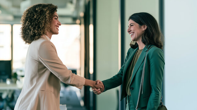 HR manager shaking hands with a new employee in a modern office after a successful job interview, both professionals smiling during a welcoming moment, hiring process, recruitment,