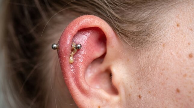 Close up shot of infected ear cartilage piercing with pus and inflammation