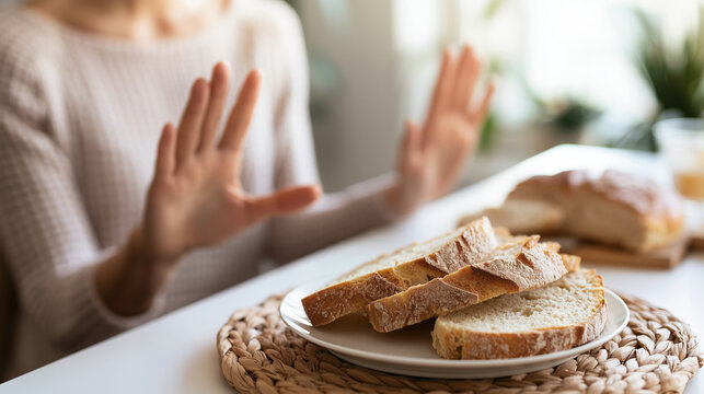 Plate of fresh bread in the foreground while a woman rejects it with open palms, choosing not to eat wheat-based food because of dietary concerns, gluten free diet, celiac disease