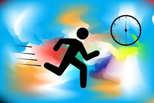 Runner silhouette against colorful background with clock isolated on white background