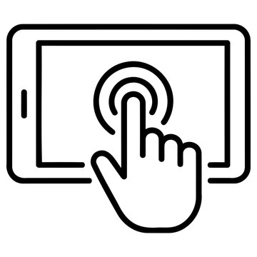 Digital tablet screen interaction icon representing touchscreen navigation technology and user interface gesture control concepts with minimalist line icon