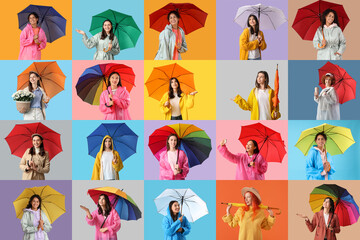 Fototapeta premium Weather protection and seasonal fashion, collage of diverse young women holding colorful umbrellas and wearing raincoats against bright studio backgrounds