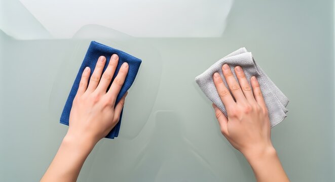 Person wiping a glass surface with two microfiber cloths from above