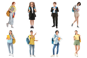 Fototapeta premium Education and back to school concept, diverse group of students with backpacks and books isolated on a white background for academic success campaigns