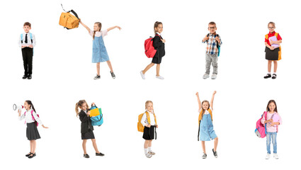 Fototapeta premium Back to school education and childhood development, diverse group of happy children with backpacks and books isolated on a clean white background