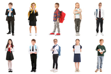 Obraz premium Back to school and education, diverse group of happy students with backpacks and books ready for academic year isolated on a clean white background
