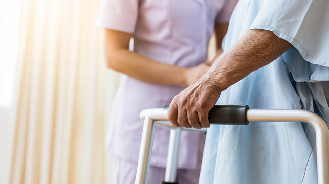 Elderly patient holding a walker while receiving assistance from a caregiver during rehabilitation, senior mobility support, elderly care, physical rehabilitation, walking aid, nur