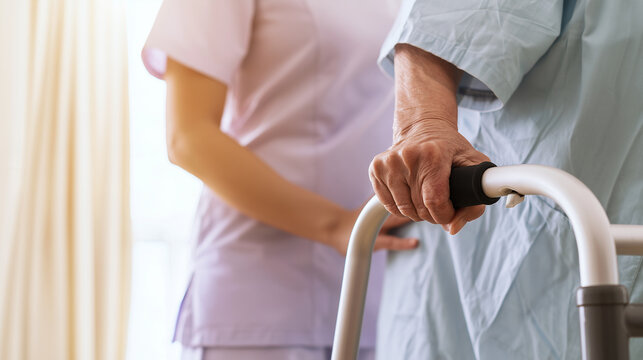Elderly patient holding a walker while receiving assistance from a caregiver during rehabilitation, senior mobility support, elderly care, physical rehabilitation, walking aid, nur