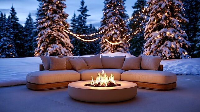 Cozy winter patio with fire pit and christmas lights