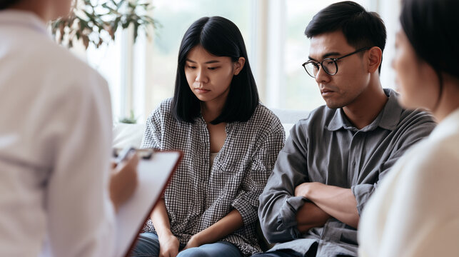 Unhappy Asian husband and wife avoiding eye contact while talking with a marriage counselor, sitting together on a sofa with tense body language during a therapy appointment, coupl