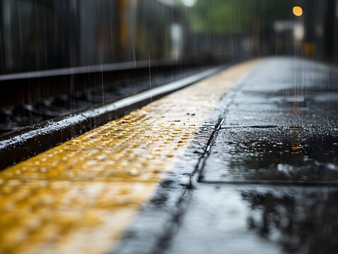 Wet train platform edge with yellow tactile strip in rain