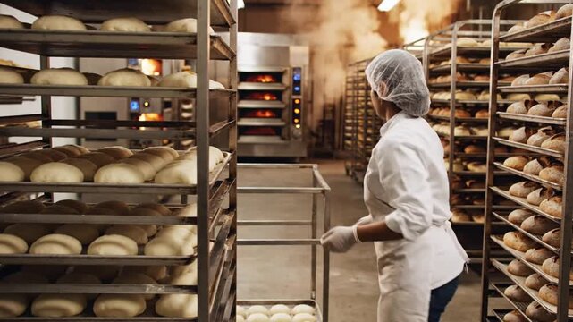 A baker carries dough trays in a busy kitchen