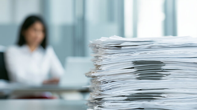 Large pile of business paperwork dominating the foreground while an office employee works at a computer behind it, representing heavy administrative workload and document processin
