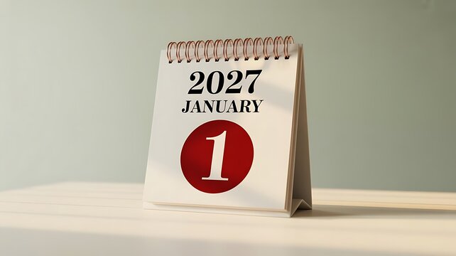 A desk calendar showing the date january 1st 2027 on a clean surface with soft lighting representing the start of a new year and future planning
