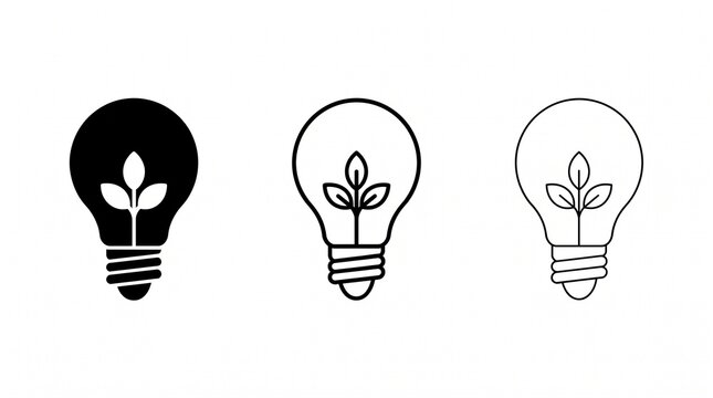 Minimalist eco-friendly lightbulb icon collection featuring three identical bulbs with leaves inside, arranged horizontally in graduated bold-to-thin outlines, clean black-and-white vector style, whit