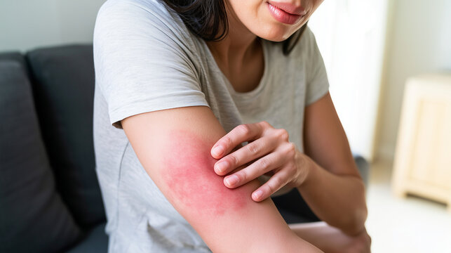 Young woman scratching a red irritated rash on her upper arm while sitting at home, suffering from itchy inflamed skin and discomfort, skin rash, itching, dermatitis, eczema, aller