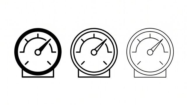 Minimalist black-and-white analog gauge icon collection featuring three identical speedometer-style meters with needles, tick marks, and numeric details, arranged horizontally in graduated outline wei