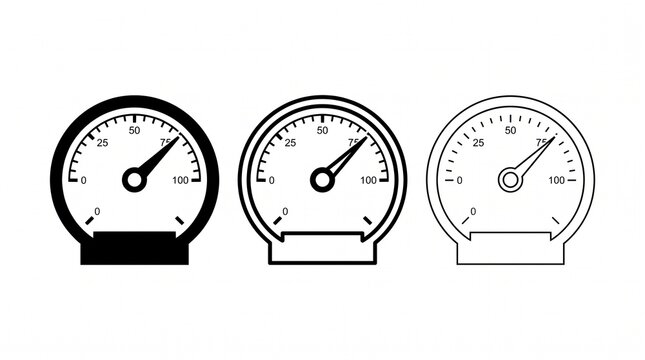 Minimalist black-and-white analog gauge icon collection featuring three identical speedometer-style meters with needles, tick marks, and numeric details, arranged horizontally in graduated outline wei
