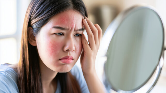 Young Asian woman examining red irritated skin on her face in a round mirror, touching her forehead and cheek with concern. Long straight brown hair tucked behind one ear, light bl