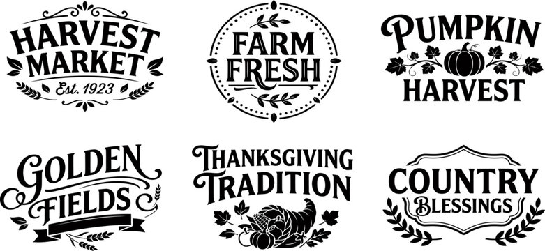 Set of vintage autumn harvest and thanksgiving themed typography labels for seasonal farm market branding and decor