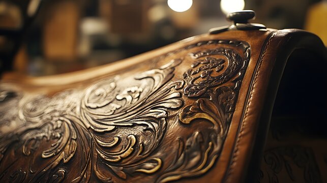 Tooled leather saddle with ornate floral carving, warm lighting