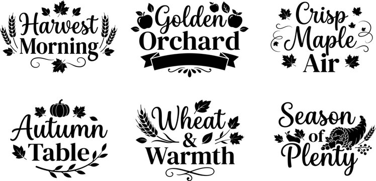 Set of six decorative autumn themed typography bundle designs with seasonal harvest elements for thanksgiving day illustration