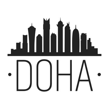 Doha skyline silhouette with bold typography on a white background