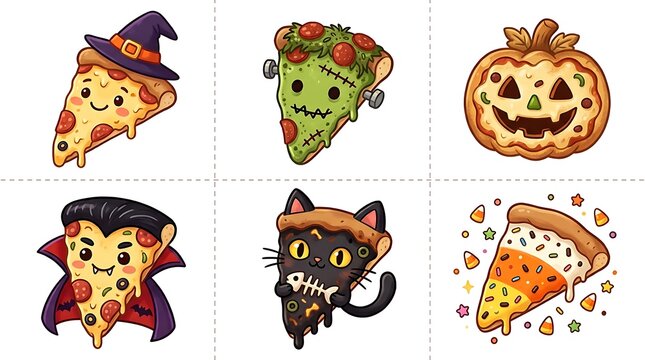 Set of cute halloween themed pizza slice characters isolated on white background