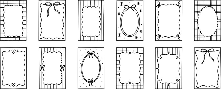 Hand drawn collection of twelve decorative rectangular frames with bows, scalloped borders and geometric patterns for cards, notes and invitations
