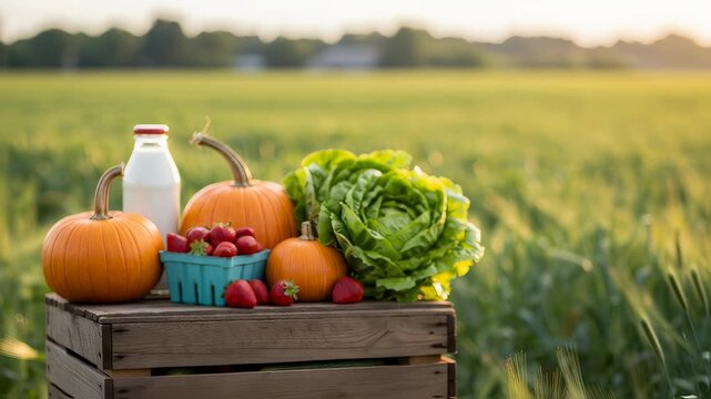 Fresh harvest produce sitting on wooden crate in field. Pumpkin, strawberry, lettuce and milk bottle display for farm market advertisement. Organic food concept.