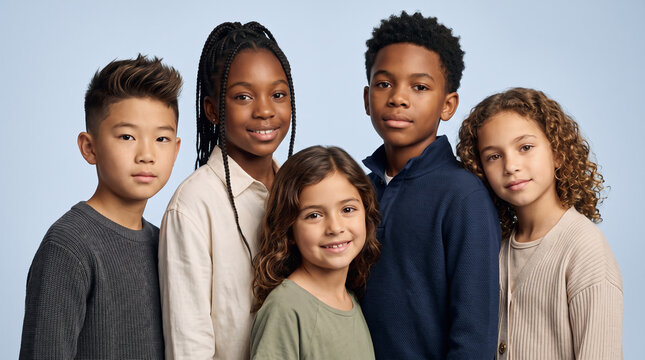 Luxury commercial studio group portrait of five diverse children aged 8&ndash;12 against a smooth pale blue gradient background, children arranged in an elegant layered composition with different heights