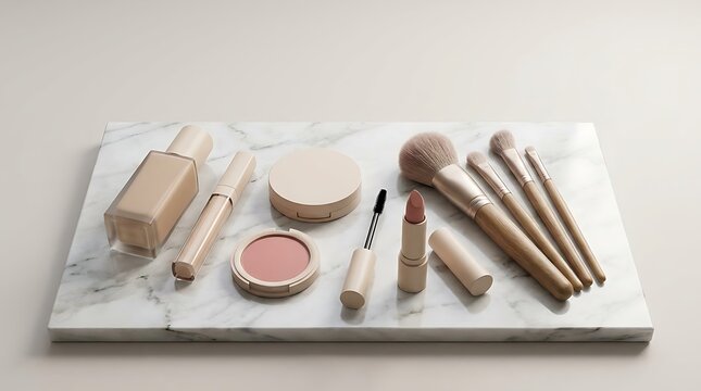 Set of makeup products and brushes on a marble tray for beauty and skin care routine in soft light
