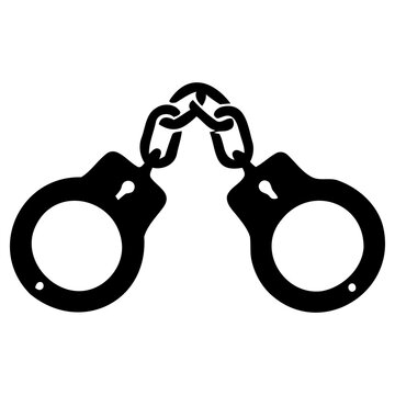 Minimalist black handcuffs silhouette icon representing law enforcement security justice and criminal detention system concepts with silhouette connected metal