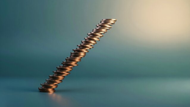 A tall stack of metallic coins balancing at a precarious diagonal angle on a surface with long column gold coins stacked leaning diagonal line against dark teal background