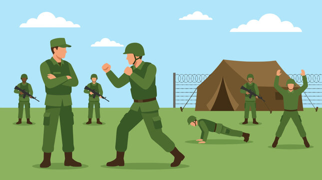 Soldiers undergoing physical training and drill exercises at an outdoor military boot camp under a clear sky.
