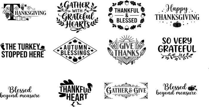 Collection of hand drawn thanksgiving and gratitude themed typography quotes and phrases for holiday greeting card designs
