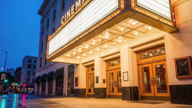 Classic cinema building exterior at dusk. Illuminated marquee with blank sign and glowing lights. Wet city street reflecting theater entrance