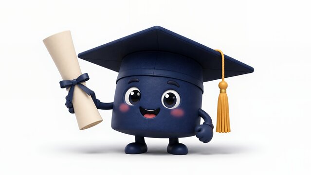 Cute graduation cap character holding blank certificate on white