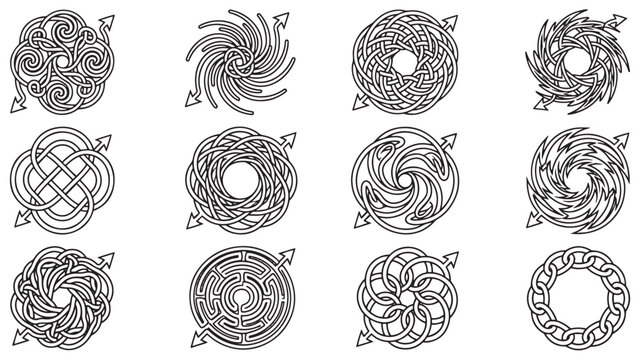 Ornamental celtic knot circle badges with tribal accents for tattoo design, jewelry branding, and packaging decoration