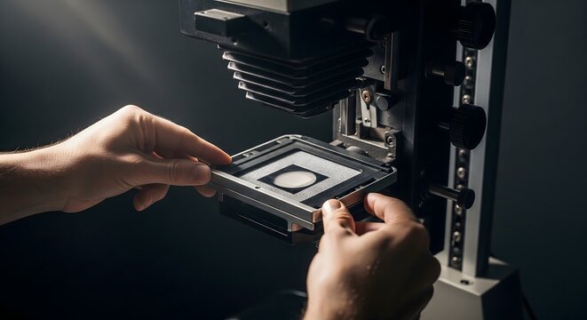 Photographer adjusting film negative holder on vintage photo enlarger