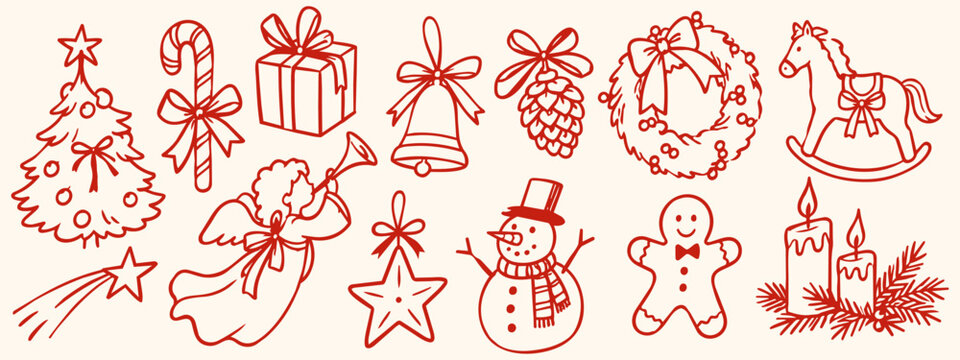 Hand drawn Christmas holiday icon set with tree, gifts, bell, wreath, snowman, gingerbread and festive decorations in red outline style