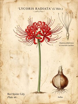 Vintage Botanical Illustration Red Spider Lily Lycoris Radiata Flower Bulb Anatomy Plate